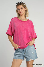 UMG-HOT PINK Umgee Mineral Wash Round Neck Top Hot Pink | Tops Daverri Fashions