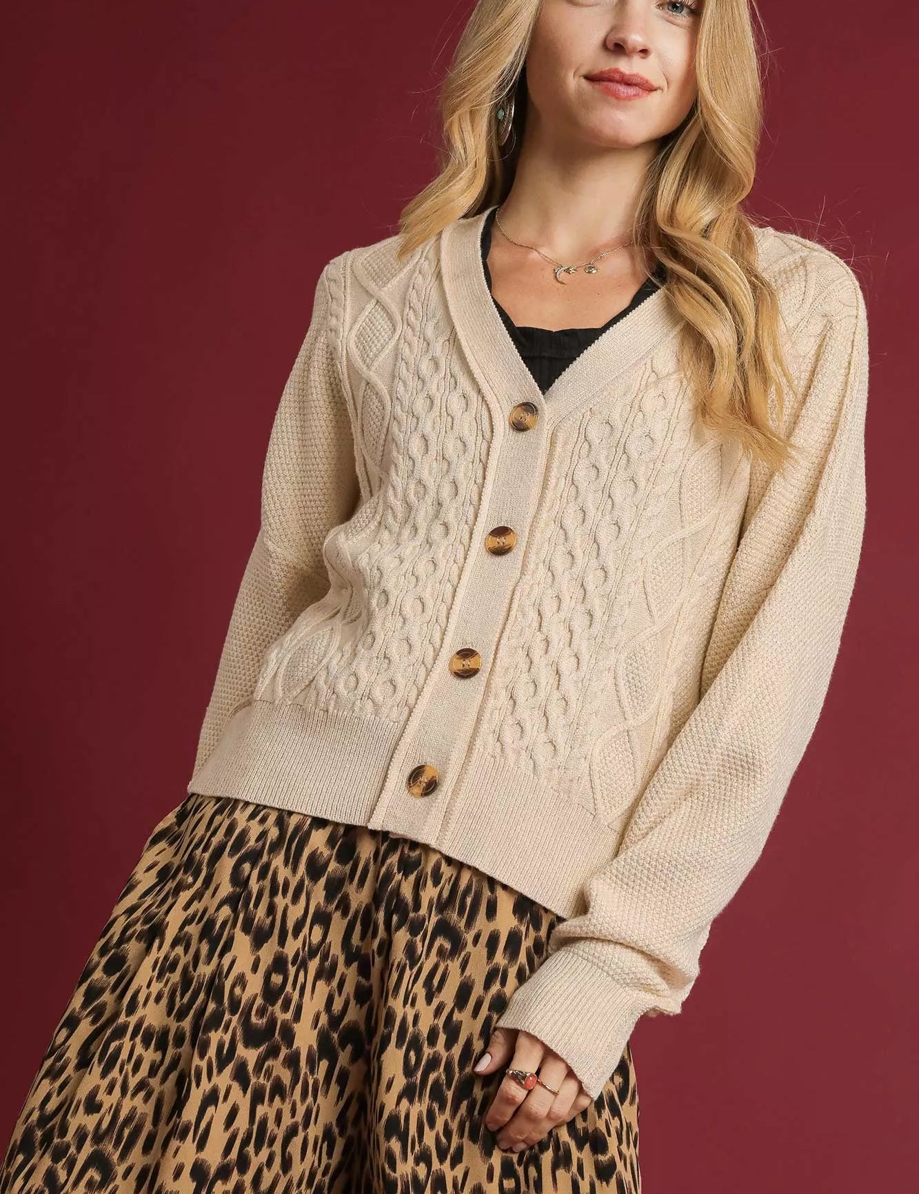 ECRU Umgee Chunky Cable Knit V-Neck Button-Up Cardigan Ecru | Cardigans Daverri Fashions