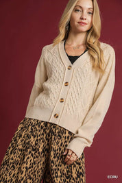 ECRU Umgee Chunky Cable Knit V-Neck Button-Up Cardigan Ecru | Cardigans Daverri Fashions
