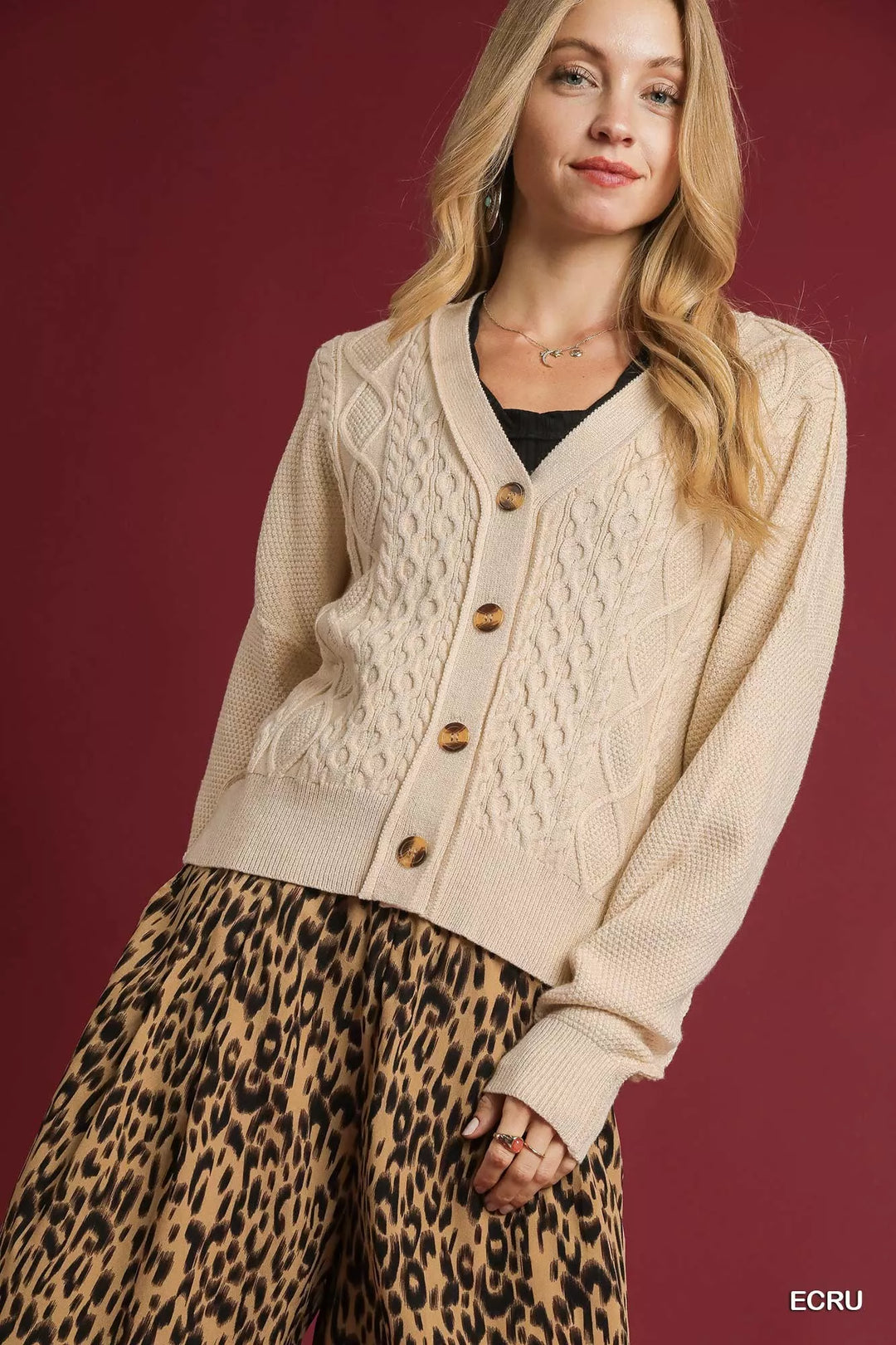 ECRU Umgee Chunky Cable Knit V-Neck Button-Up Cardigan | Cardigans Daverri Fashions