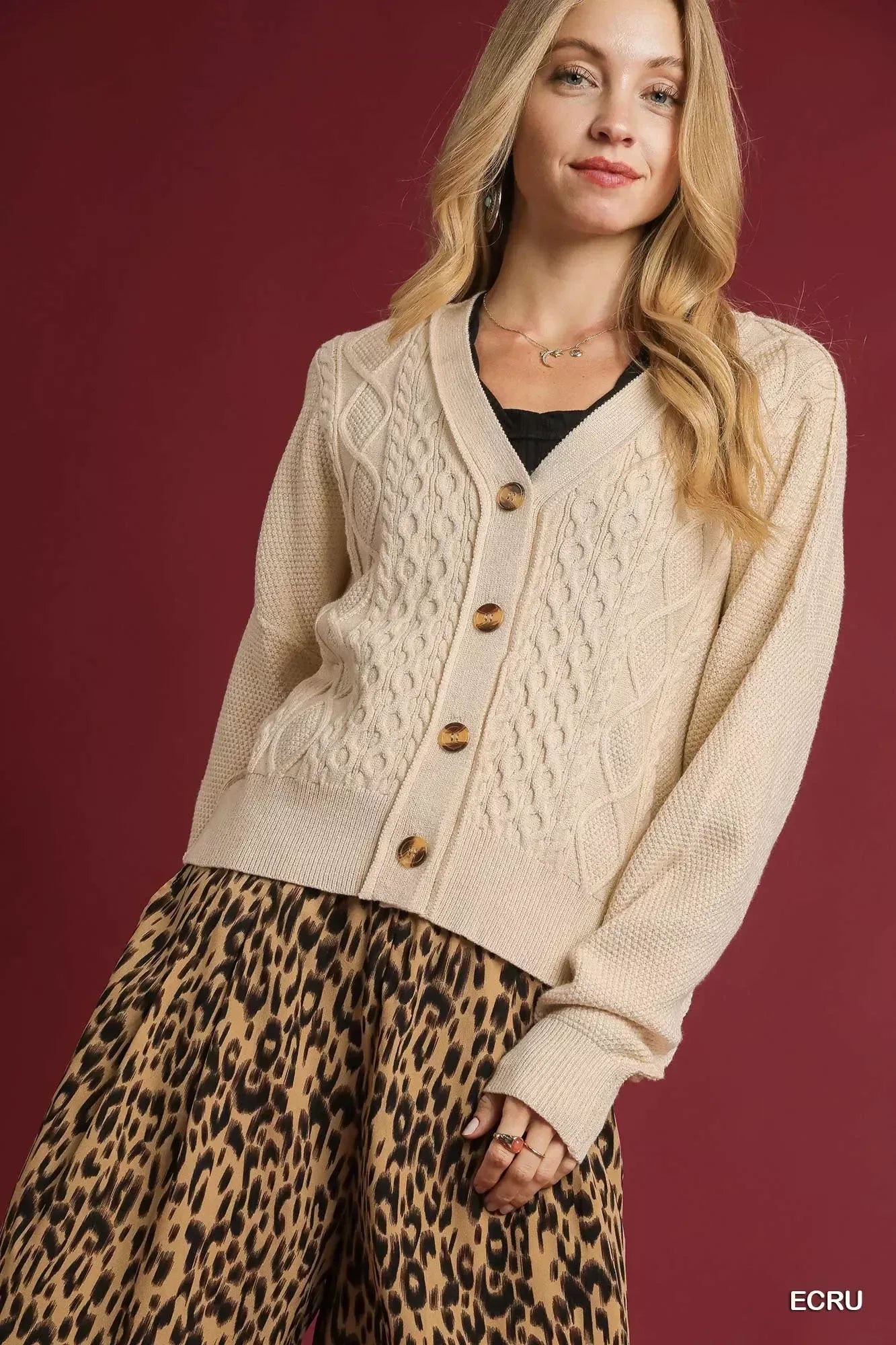 Umgee Chunky Cable Knit V-Neck Button-Up Cardigan Ecru - DAVERRI FASHIONS