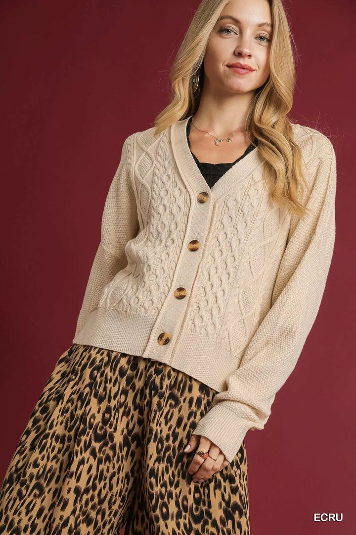 ECRU Umgee Chunky Cable Knit V-Neck Button-Up Cardigan | Cardigans Daverri Fashions