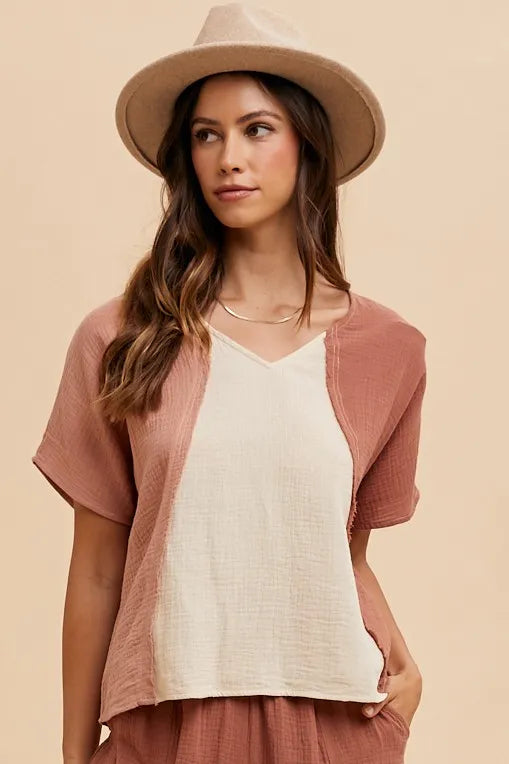 Annie Wear Color Block Cotton Gauze V-Neck Top BROWN COMBO
