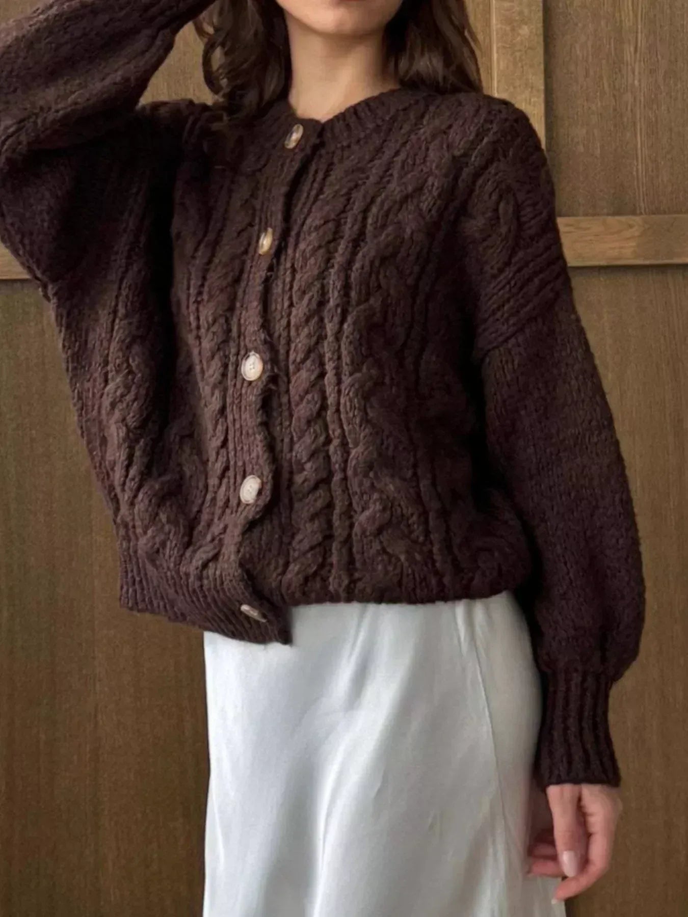 Cable Knit Button-Down Cardigan - DAVERRI FASHIONS