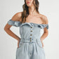 MABLE Off Shoulder Ruffle Detail Denim Romper Lt Denim M Rompers