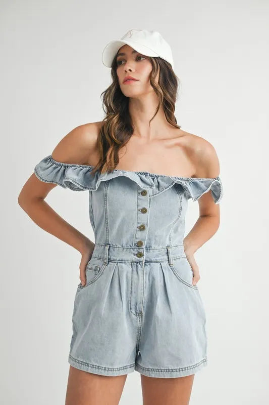 MABLE Off Shoulder Ruffle Detail Denim Romper Lt Denim M Rompers