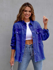Royal Blue Distressed Drop Shoulder Denim Jacket | Denim Jackets Daverri Fashions