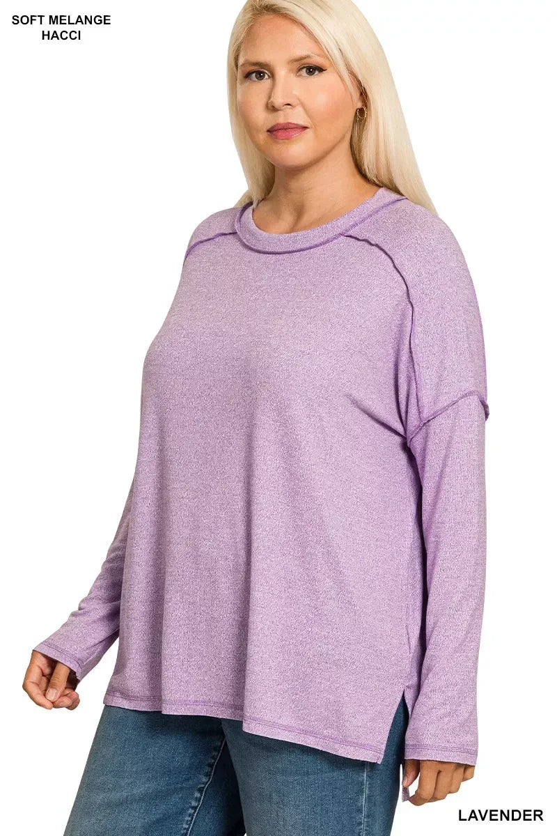 Zenana Full Size Melange Hacci Exposed Seam Hi-low Tee Plus Size - DAVERRI FASHIONS