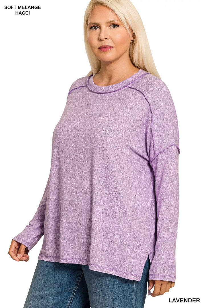 Zenana Full Size Melange Hacci Exposed Seam Hi-low Tee Plus Size | T-Shirts Daverri Fashions