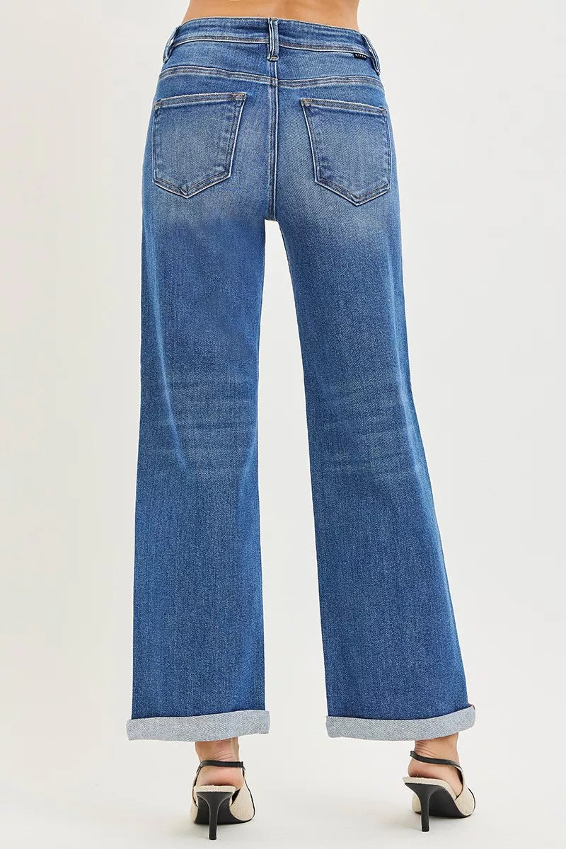Blue Risen high-rise wide-leg denim jeans with rolled cuffs