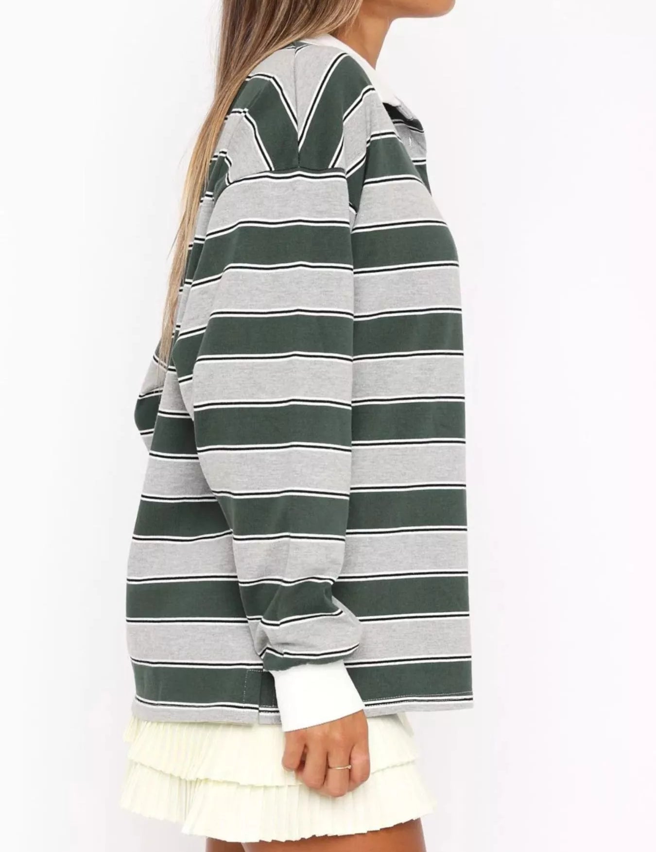 Striped Button Detail Long Sleeve Polo | Tops Daverri Fashions