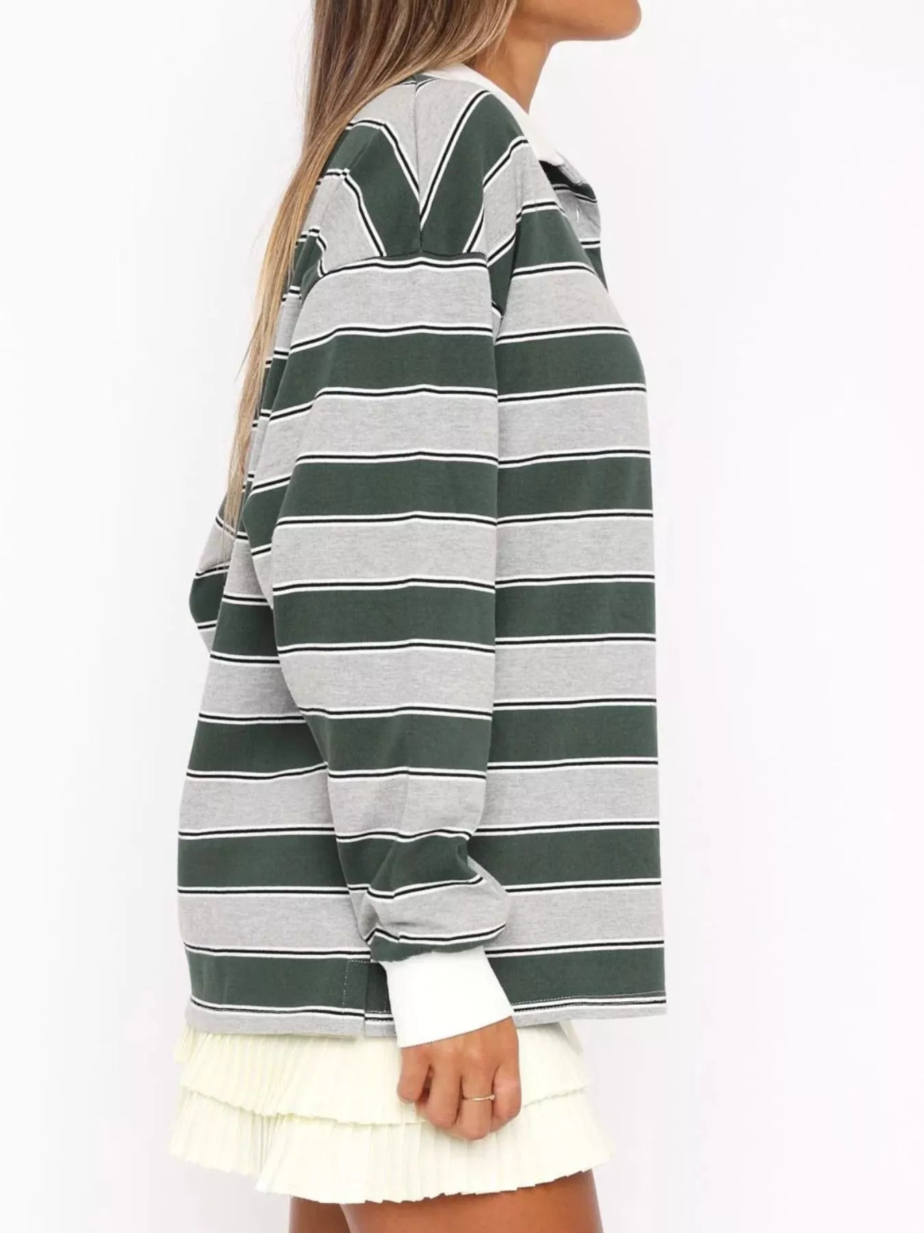 Striped Button Detail Long Sleeve Polo | Tops Daverri Fashions