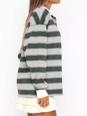Striped Button Detail Long Sleeve Polo | Tops Daverri Fashions