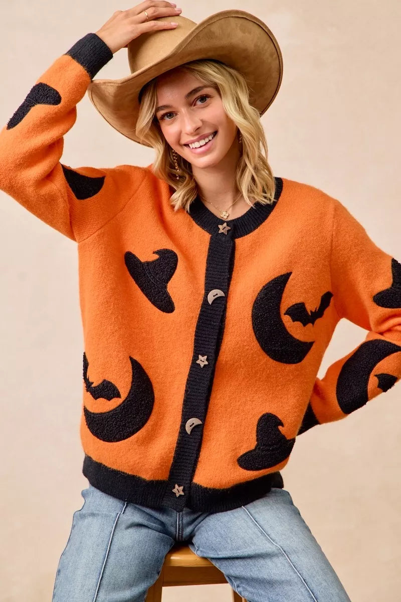 BiBi Halloween Witch Hat Moon Bat Artwork Cardigan | Cardigans Daverri Fashions