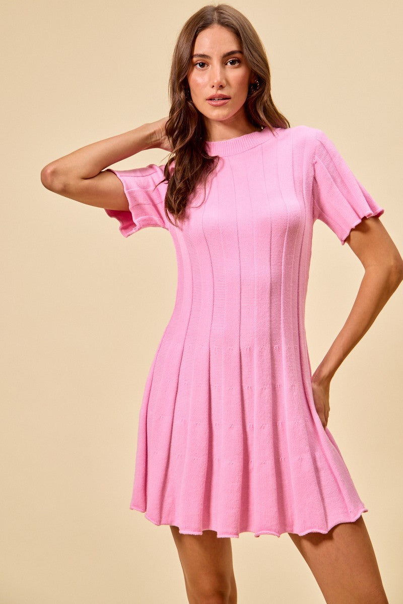 SO ME wide rib short sleeve pink knitted mini dress with flutter sleeves and flared skirt