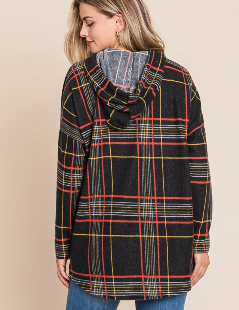 BOMBOM Drawstring Plaid Long Sleeve Hoodie | Daverri Fashions