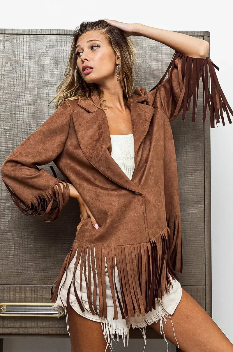 BiBi Single Blazer with Fringed Hem - DAVERRI FASHIONS
