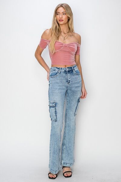 RISEN Full Size High Rise Cargo Flare Jeans Jeans