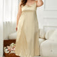 Plus size tie-shoulder midi night dress in soft satin beige with scoop neckline