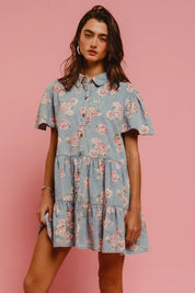 LT DENIM XL BiBi Floral Print Washed Lightweight Tiered Shirt Dress | Mini Dresses Daverri Fashions