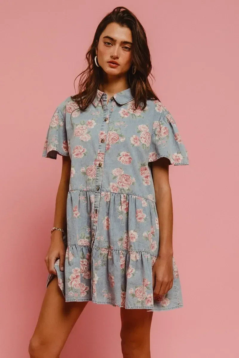 BiBi Floral Print Washed Lightweight Tiered Shirt Dress - DAVERRI FASHIONS