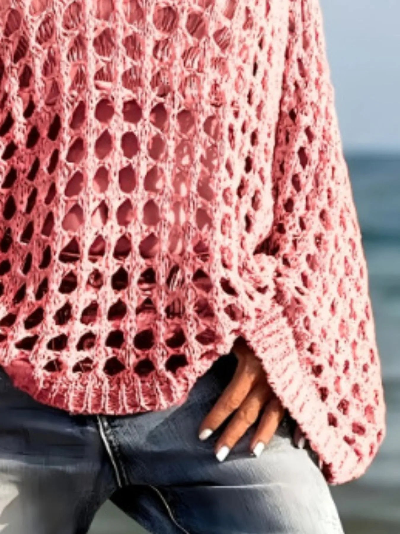 Crochet long sleeve knit cover up in soft dusty rose with openwork pattern
