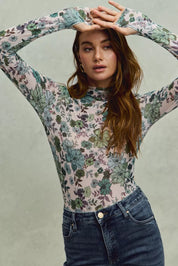 SO ME floral print mesh knit long sleeve turtleneck top
