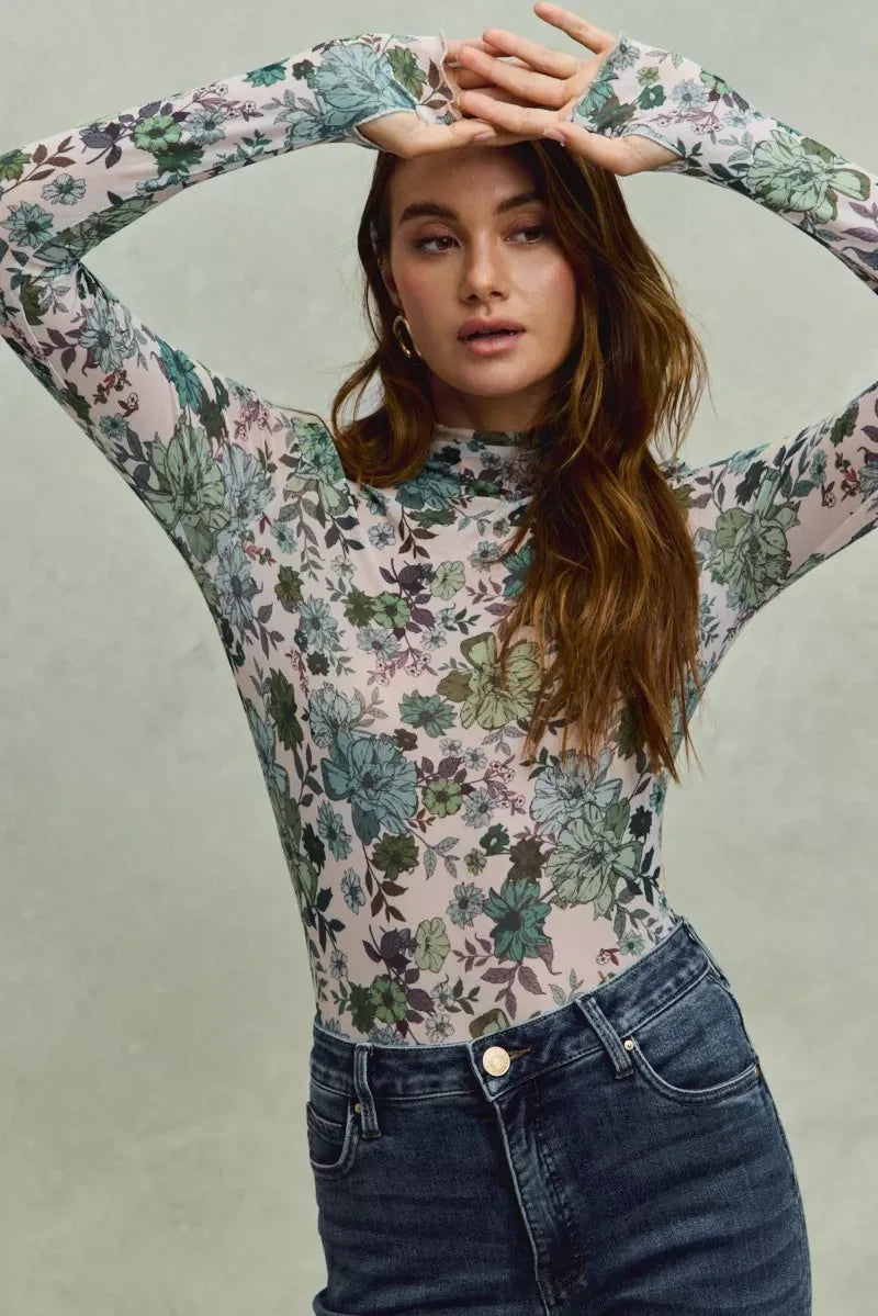 SO ME Floral Print Mesh Knit Long Sleeves Top - DAVERRI FASHIONS