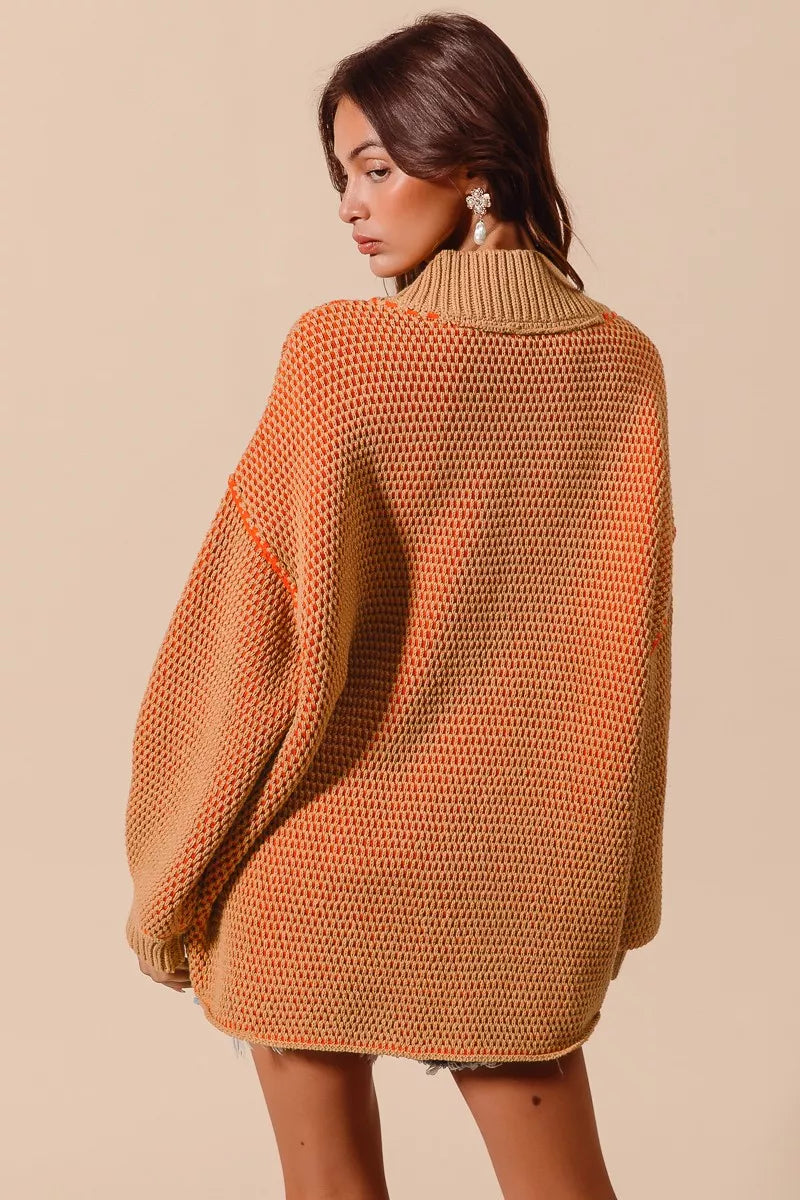 SO ME Oversized Two Tone Textured V Neck Sweater | Sweaters Daverri Fashions