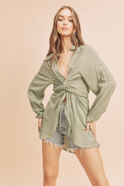 Sage Aemi + Co Tied Collared Neck Long Sleeve Top | Tops Daverri Fashions