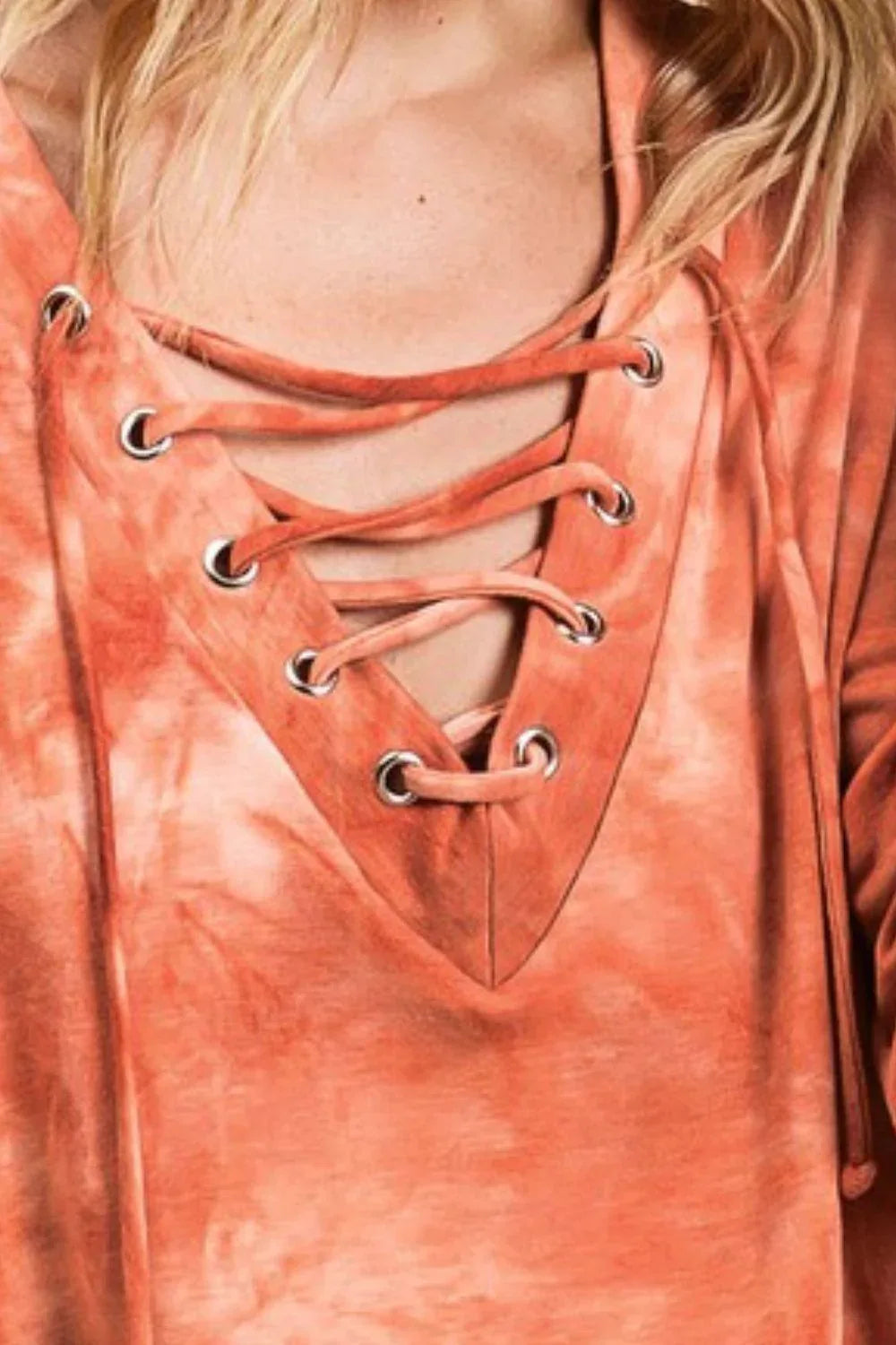 BiBi Lace-Up Tie-Dye French Terry Long Sleeve Top - DAVERRI FASHIONS