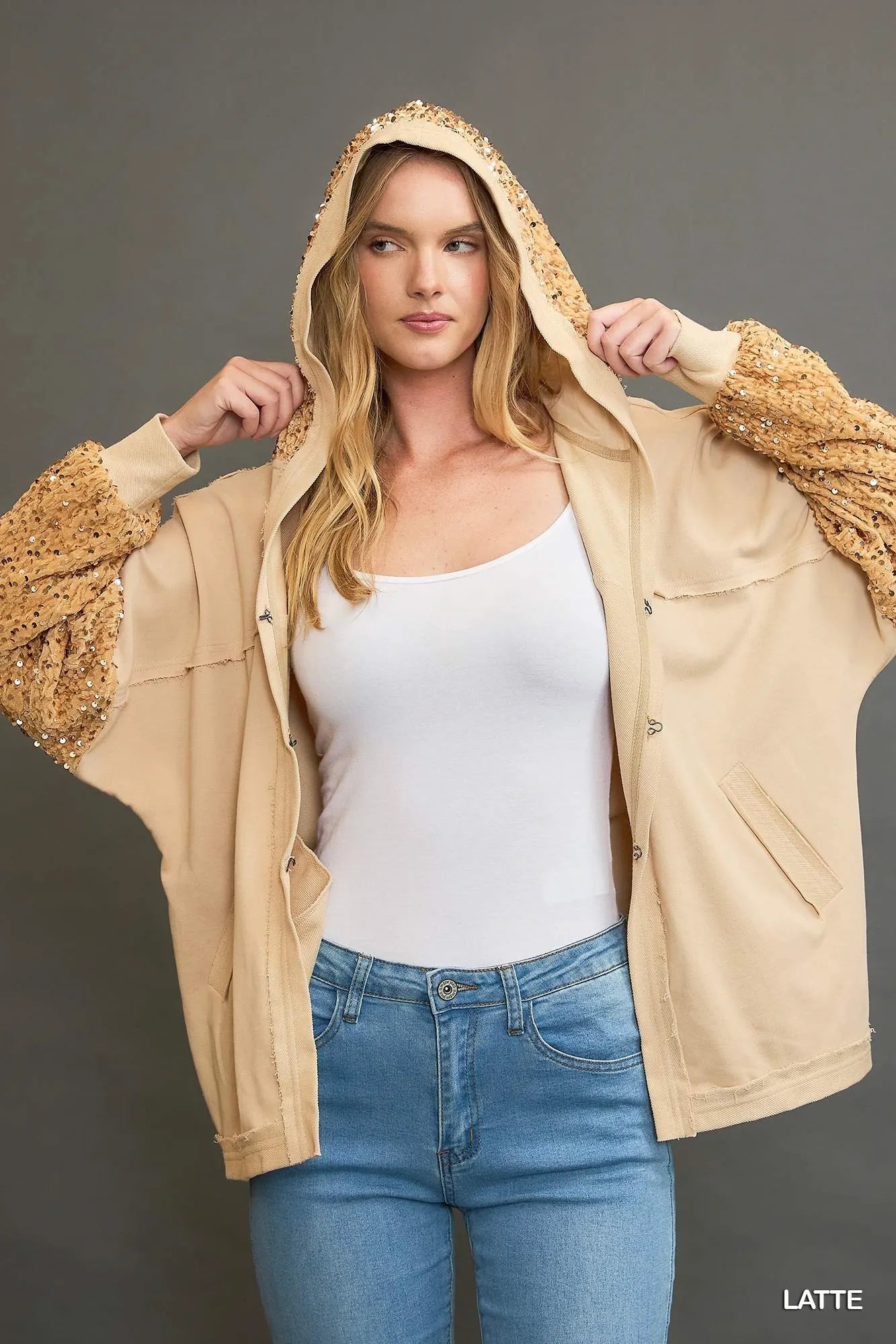 Umgee Sequined French Terry Jacket LATTE Jackets
