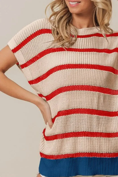 BiBi Fourth Of July Stripe Drop Shoulder Sweater - DAVERRI FASHIONS