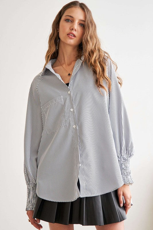 ADORA High-Low Striped Button Down Smocked Lantern Sleeve Shirt Tops