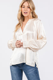 Notched Long Sleeve Blouse Tops