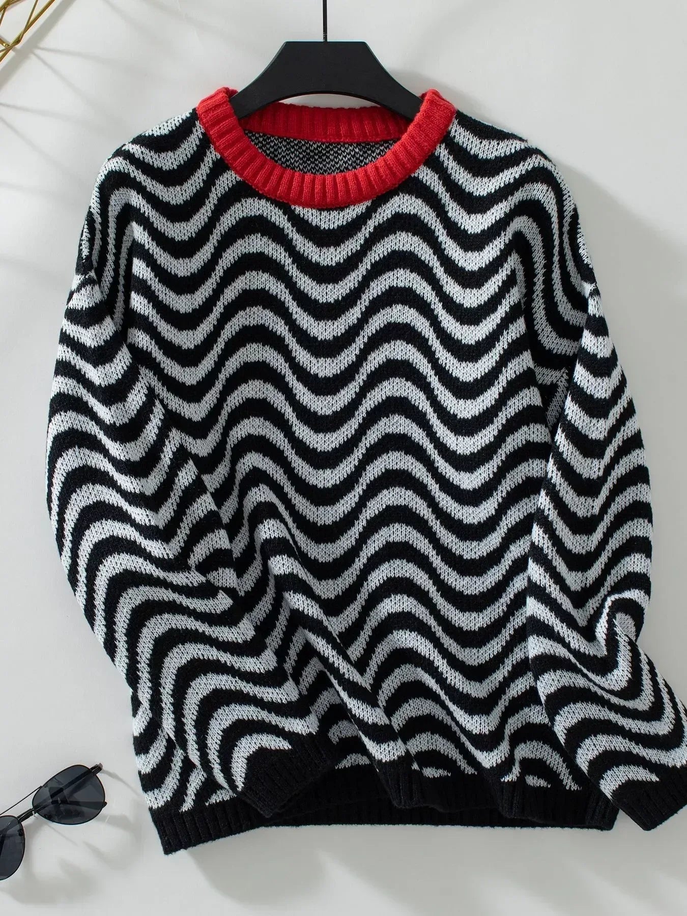 Wavy Striped Round Neck Sweater - DAVERRI FASHIONS