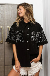 BiBi Sequin Detail Raw Hem Short Sleeve Shirt | Daverri Fashions