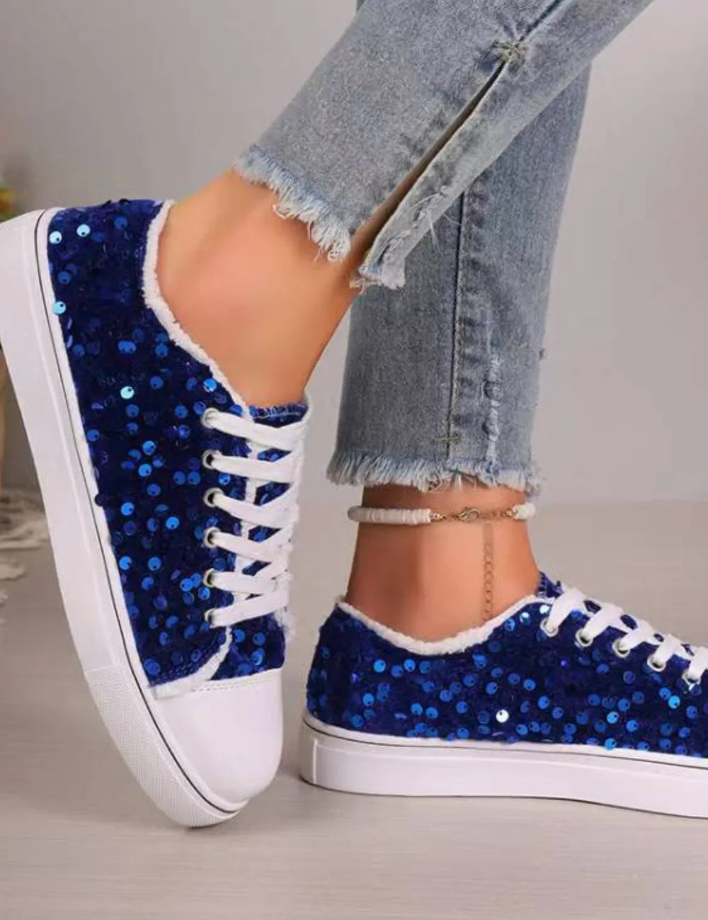 Dark Blue Sequin Round Toe Flat Sneakers | Sneakers Daverri Fashions