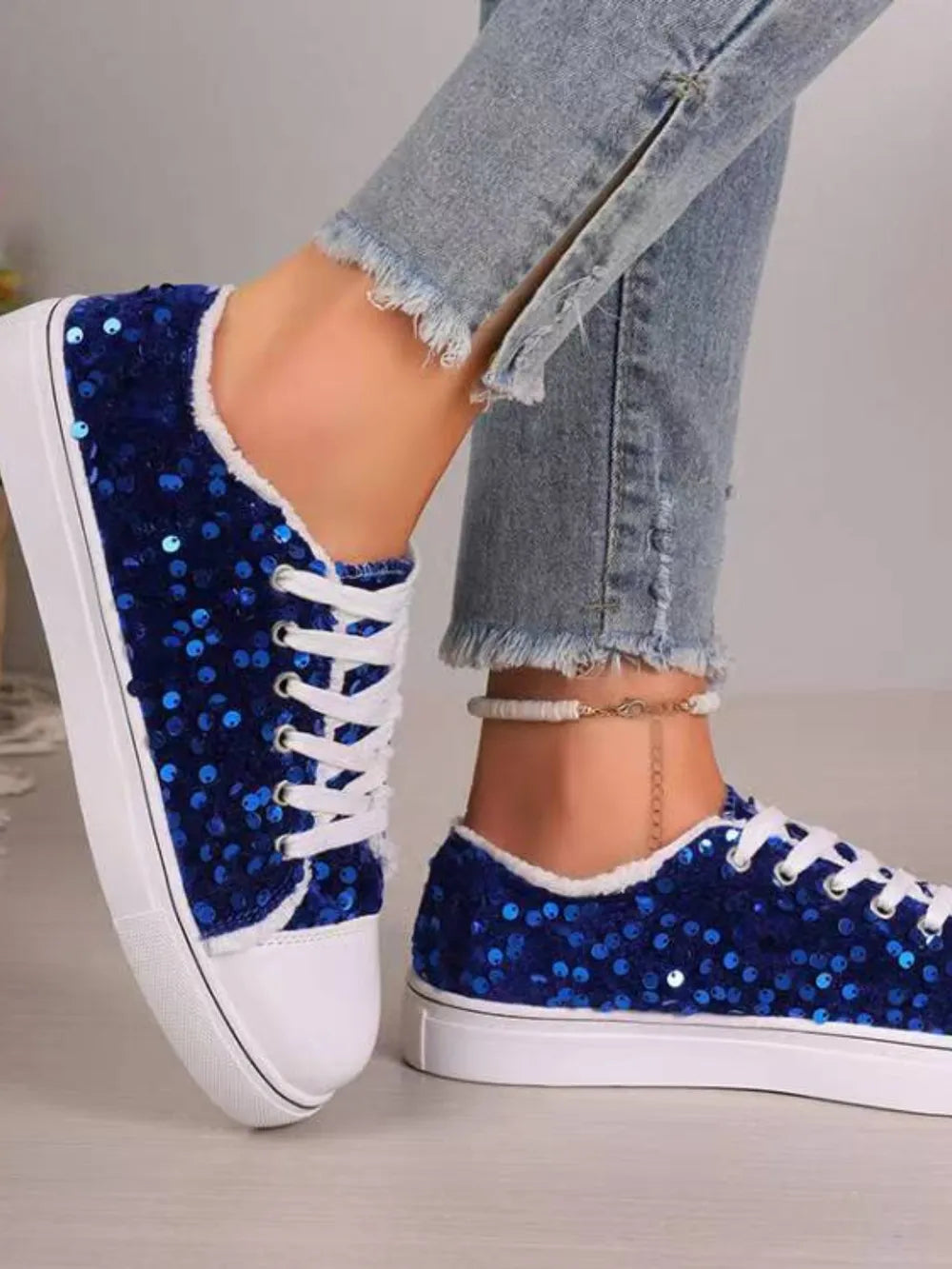 Dark Blue Sequin Round Toe Flat Sneakers | Sneakers Daverri Fashions