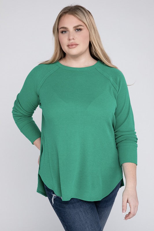 Plus Melange Baby Waffle Long Sleeve Top Plus Tops