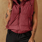 Maroon drawstring zip-up hooded puffer vest coat with pockets