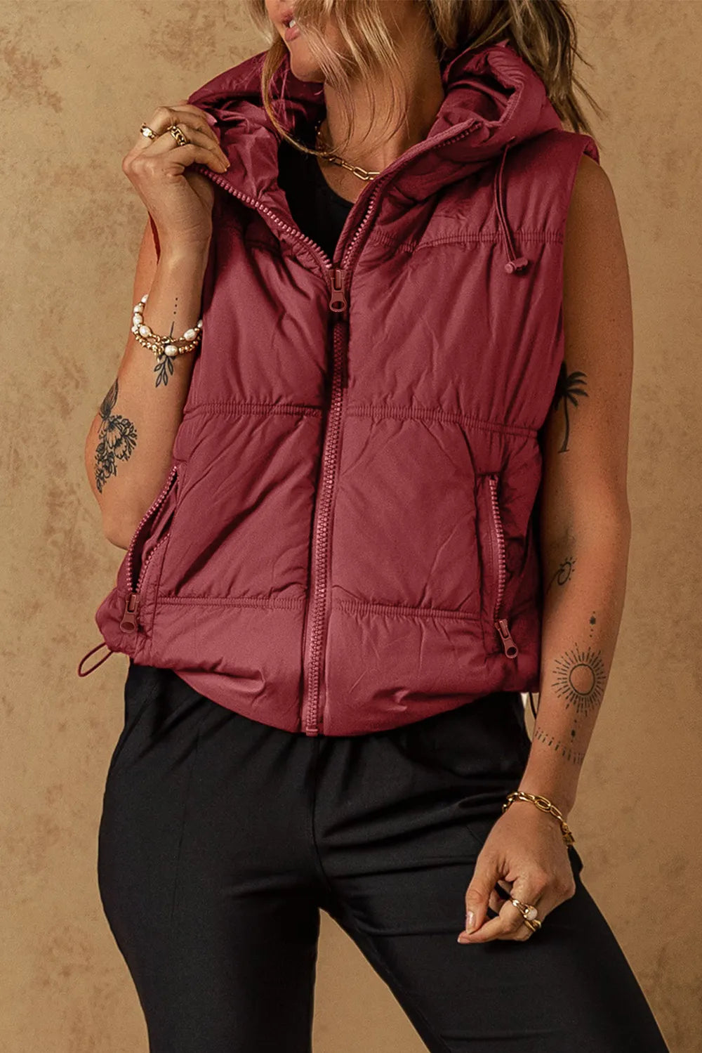 Maroon drawstring zip-up hooded puffer vest coat with pockets