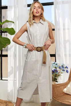 ADORA Striped Button Down Sleeveless Midi Dress - DAVERRI FASHIONS
