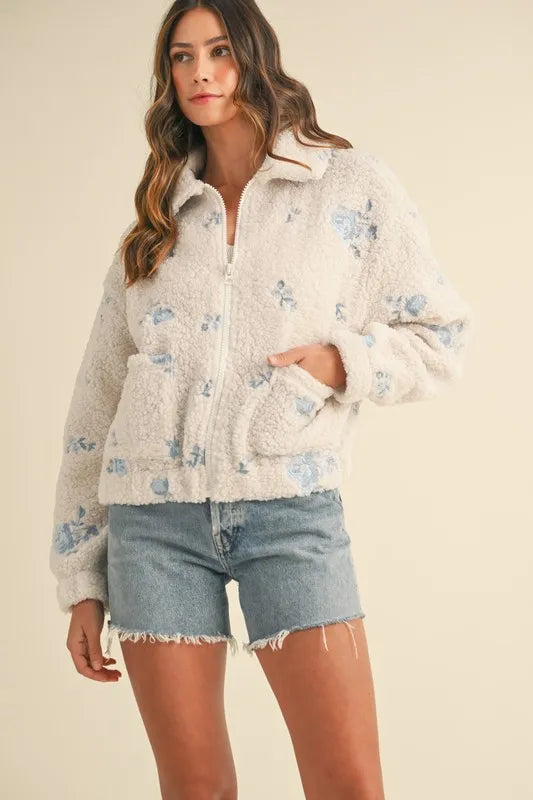 MABLE Floral Embroidered Fleece Teddy Jacket CREAM