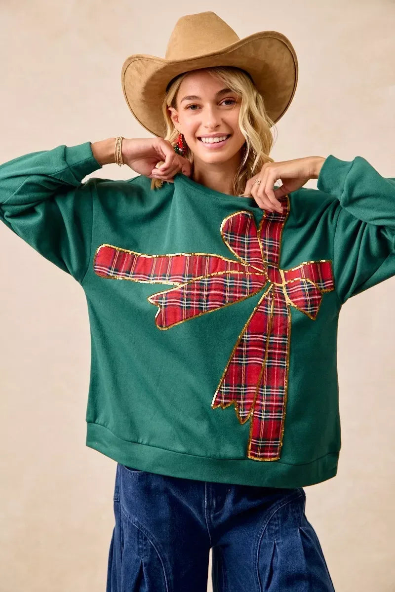 BiBi Plaid Ribbon Bow Detail Christmas Fleece Pullover - DAVERRI FASHIONS
