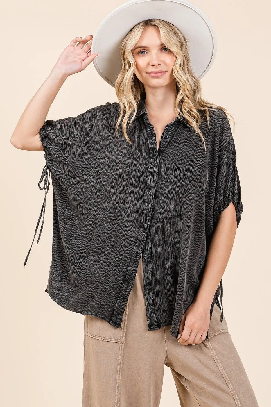 Black ribbed button-up shirt with drawstring sleeves from Mittoshop