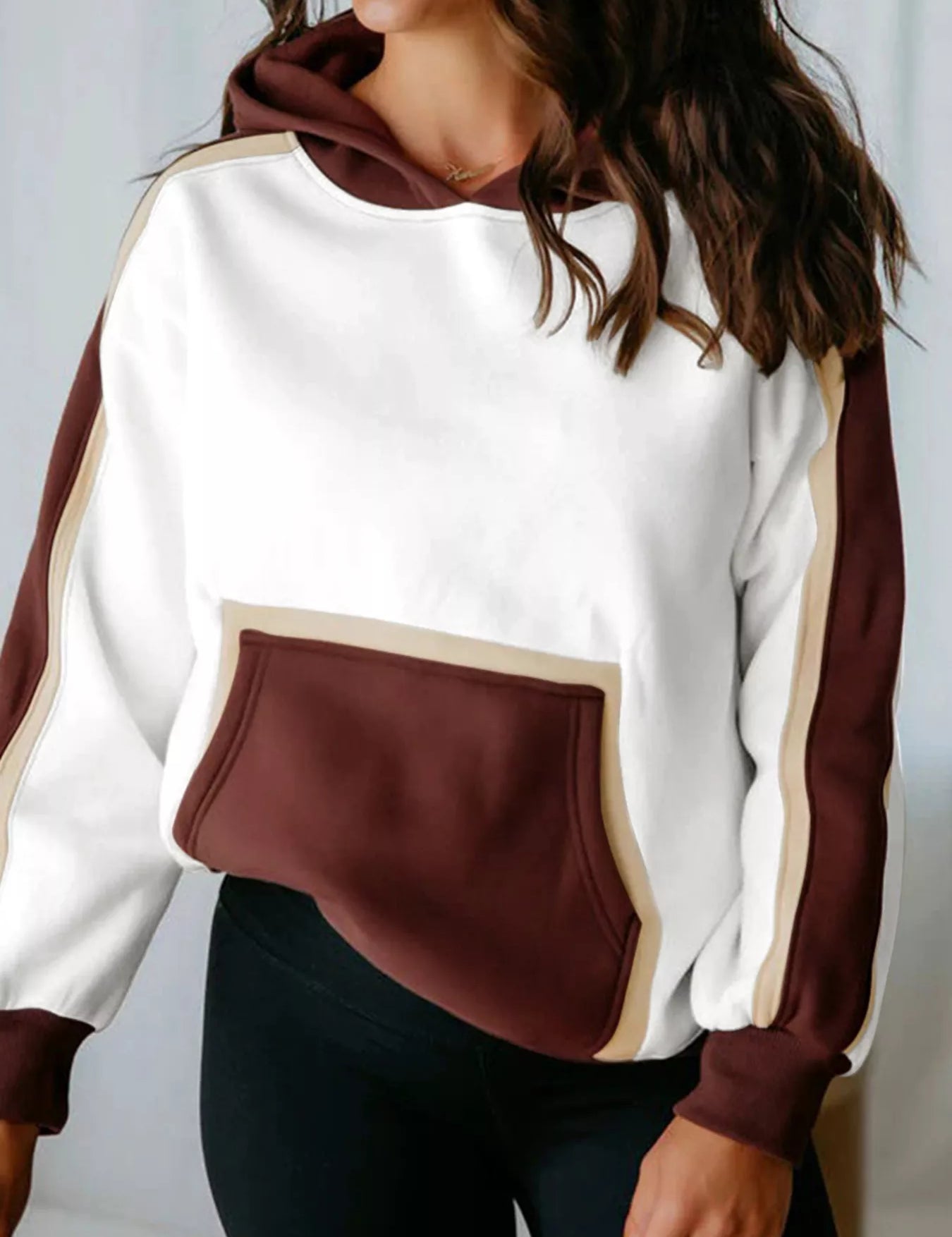 White and brown color block patchwork hooded sweatshirt with fleece pocket
