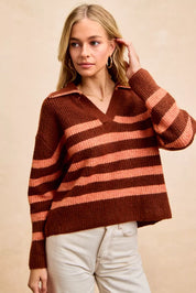 BiBi Striped Sweater Top with Collar Stitched Details | Sweaters Daverri Fashions