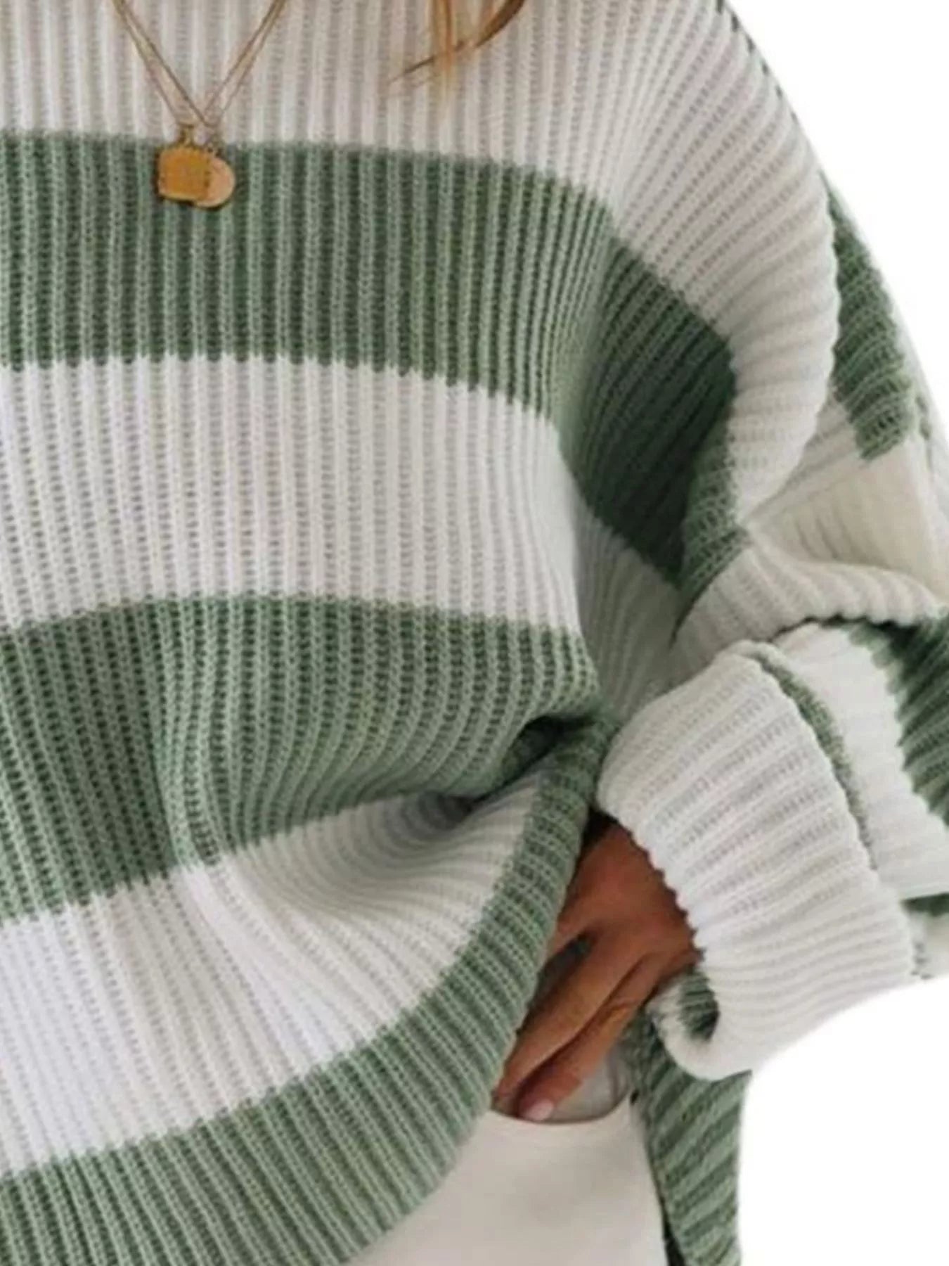 Cozy oversized ribbed sage green and white striped plus size sweater by Daverri Fashions