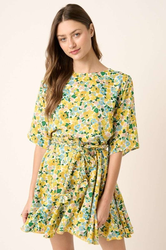 Mittoshop Floral Tie Waist Half Sleeve Mini Dress